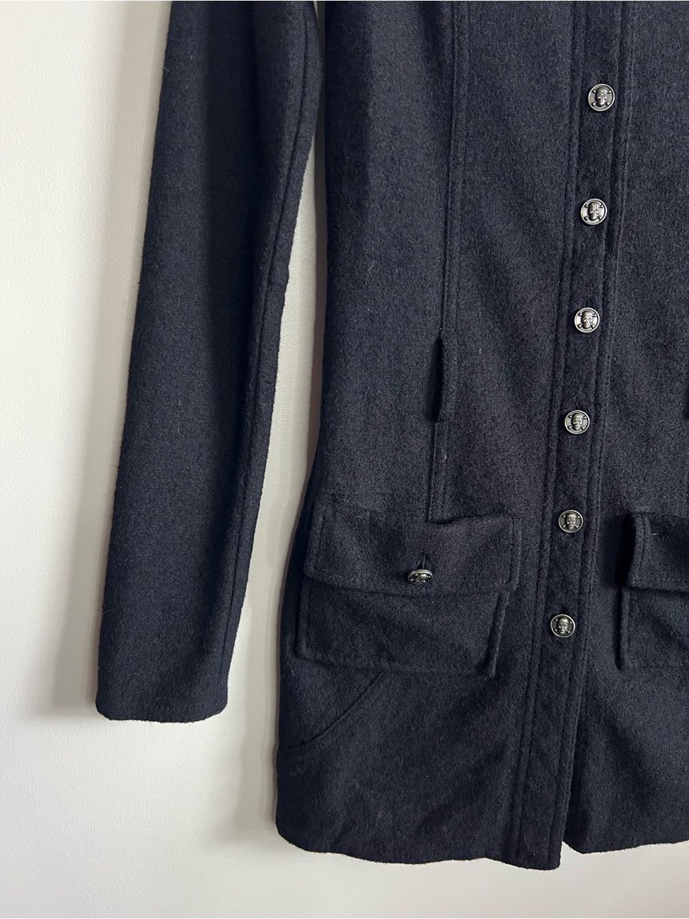 Amass Long Cardigan Sweater Coat Silver Skull Button Front Knit Women’s Size 3 - Picture 2 of 9